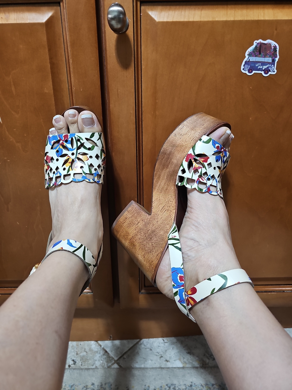 Tory Burch White Floral Laser-Cut Platform Sandals with Wood-Look Heel